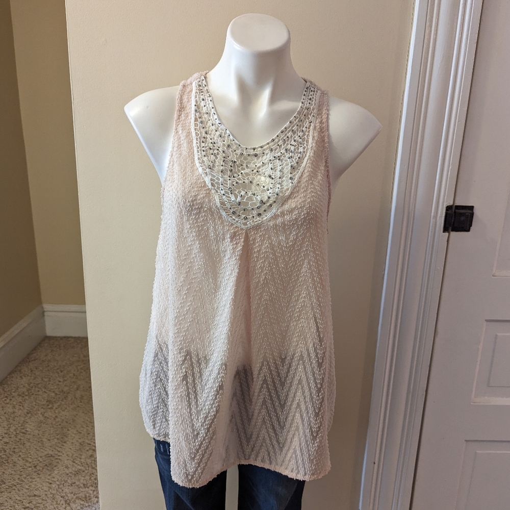 Day Trip pale pink slightly sheer tank with beaded crochet detail size S